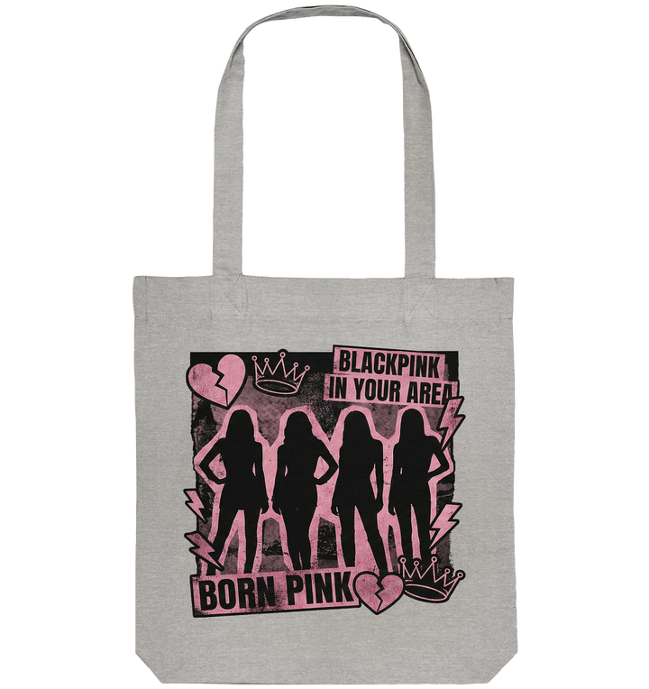 Grauer Blackpink Jutebeutel Born Pink Design mit Silhouetten der vier Mitglieder und Kronen Grafik