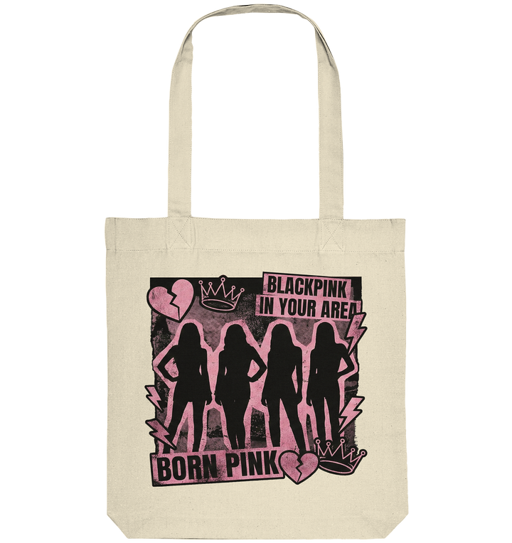 Beiger Blackpink Jutebeutel Born Pink Design mit Silhouetten der vier Mitglieder und Kronen Grafik